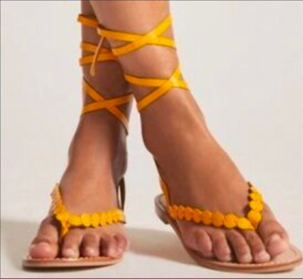 New Anthropologie PILCRO Yellow Leather Tie-Up Wrap Thong Sandals Size 9 Boho